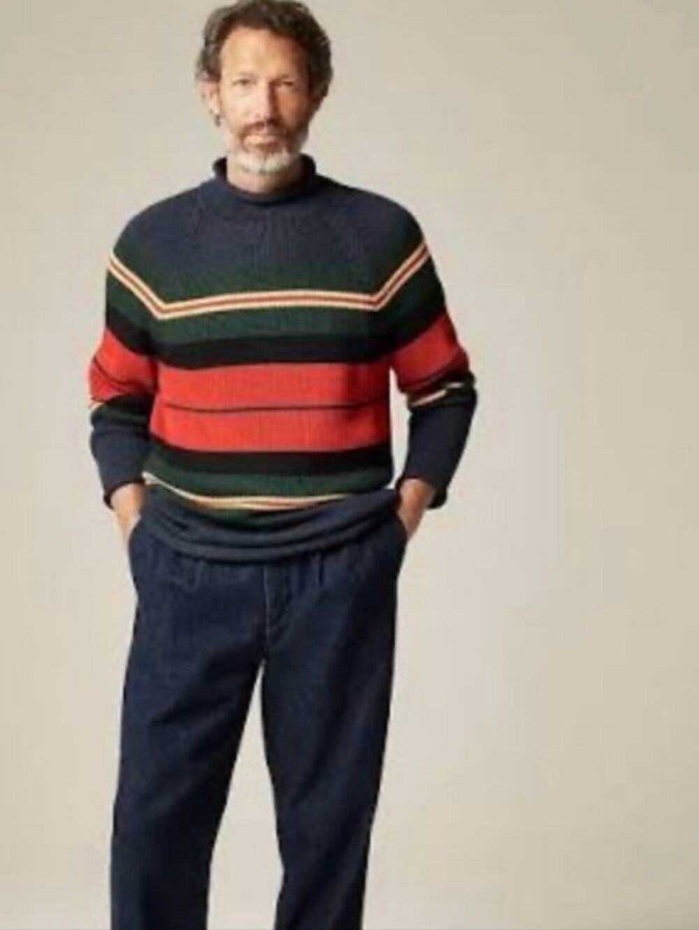 J. Crew 1988 Rollnrck Sweater in cotton Rugby Stripe - navy, red, green, yellow